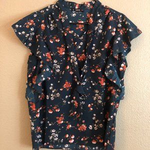 Forest Green Ruffle Sleeve Floral Blouse